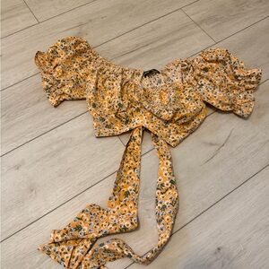 SHEIN Floral Puff Sleeve Crop Top in Orange